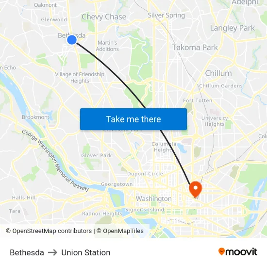 Bethesda to Union Station map