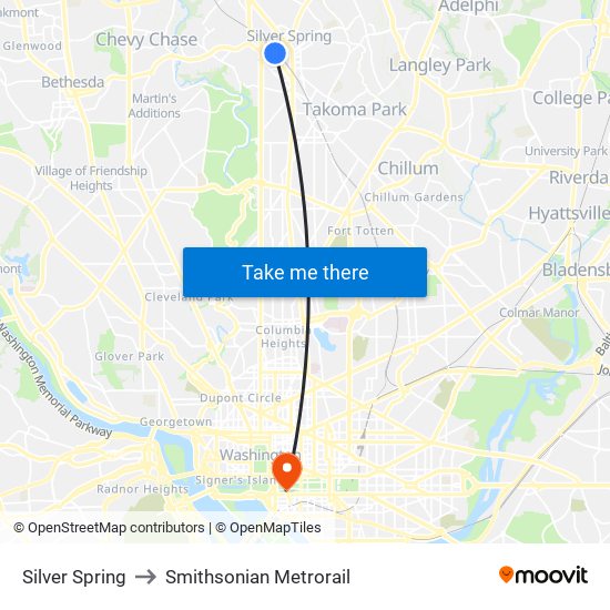 Silver Spring to Smithsonian Metrorail map