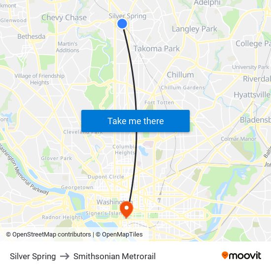 Silver Spring to Smithsonian Metrorail map