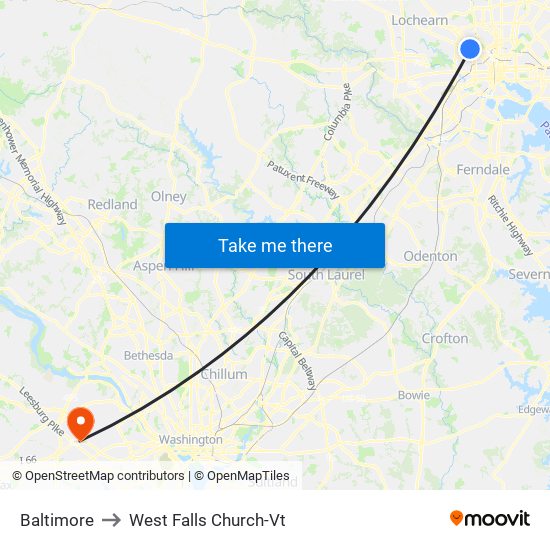 Baltimore to West Falls Church-Vt map