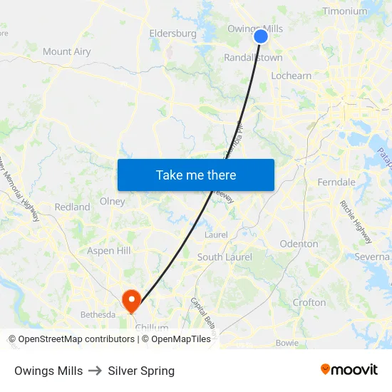 Owings Mills to Silver Spring map