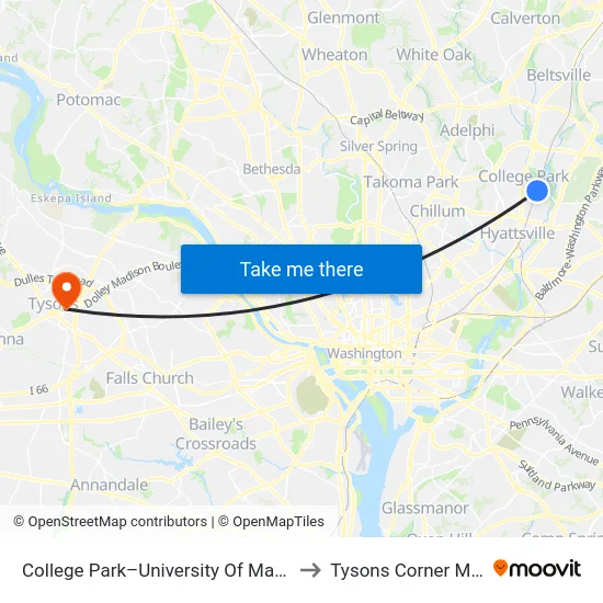 College Park - University Of Maryland to Tysons Corner Metro map
