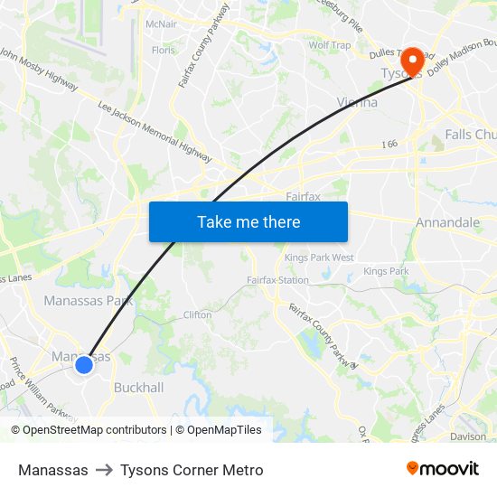 Manassas to Tysons Corner Metro map