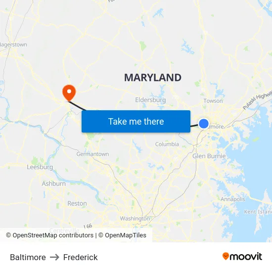 Baltimore to Frederick map