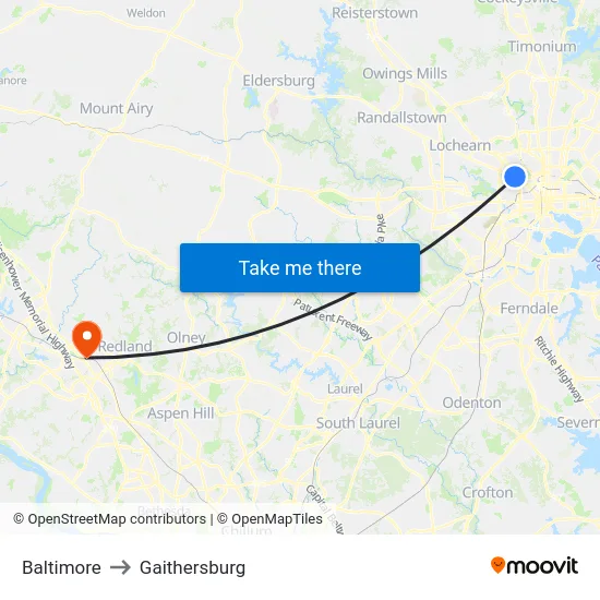Baltimore to Gaithersburg map