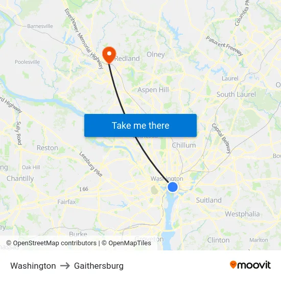 Washington to Gaithersburg map