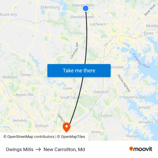 Owings Mills to New Carrollton, Md map