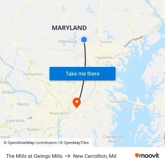 The Mills at Owings Mills to New Carrollton, Md map