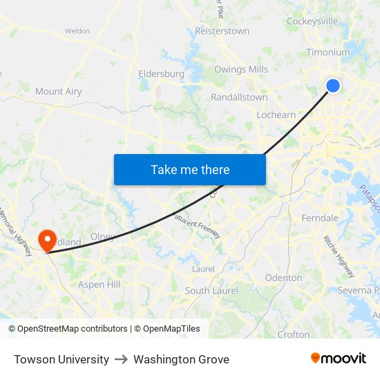 Towson University to Washington Grove map