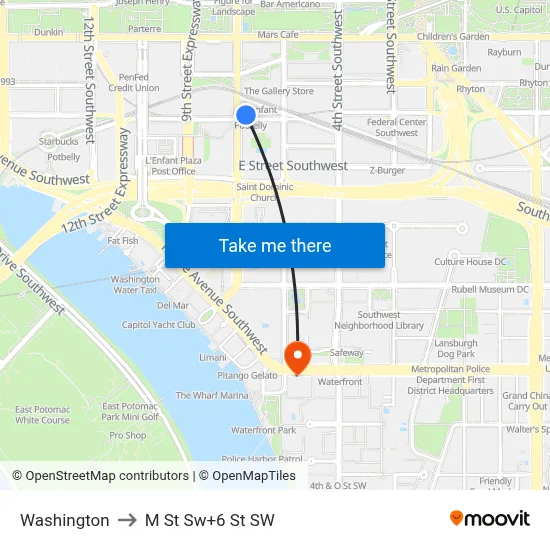 Washington to M St Sw+6 St SW map