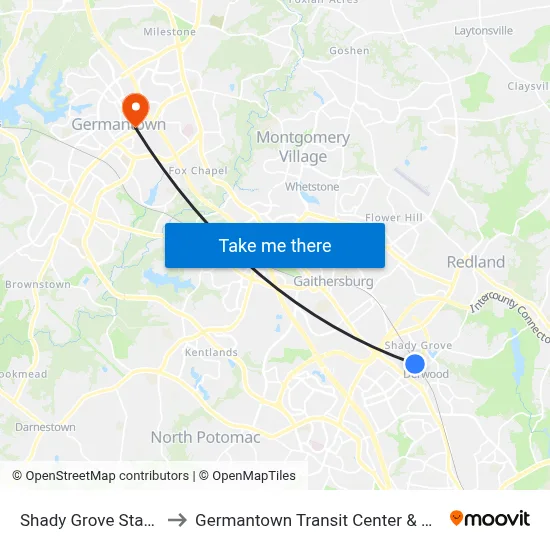 Shady Grove Station to Germantown Transit Center & Bay B map