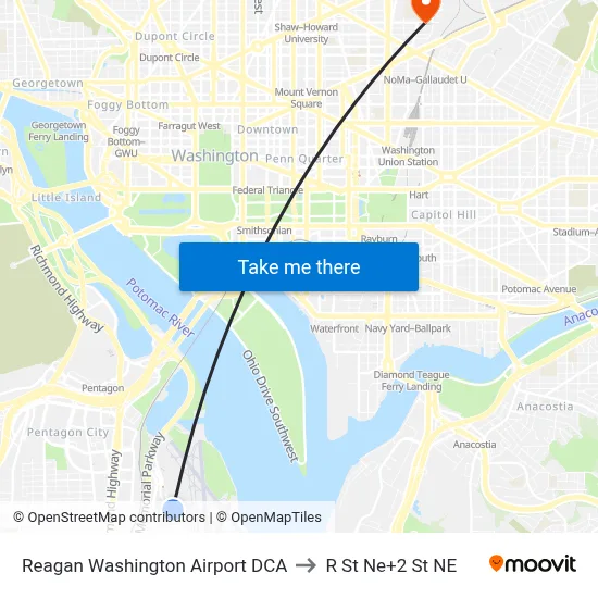 Reagan Washington Airport DCA to R St Ne+2 St NE map