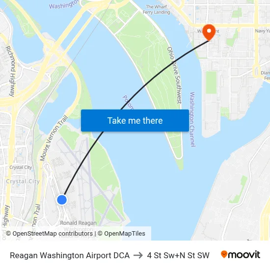 Reagan Washington Airport DCA to 4 St Sw+N St SW map