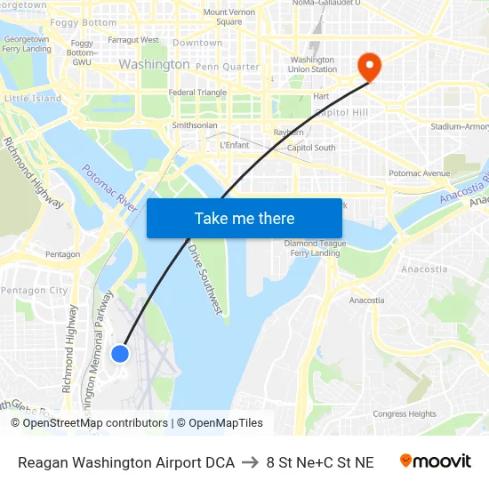 Reagan Washington Airport DCA to 8 St Ne+C St NE map