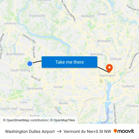 Washington Dulles Airport to Vermont Av Nw+S St NW map