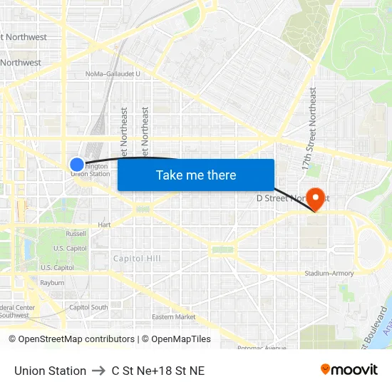 Union Station to C St Ne+18 St NE map