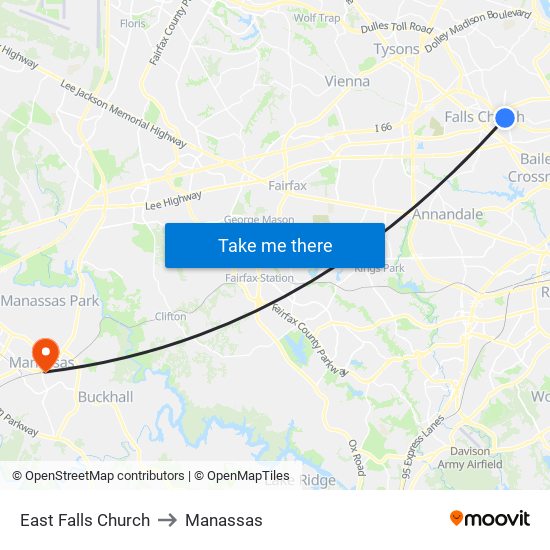 East Falls Church to Manassas map