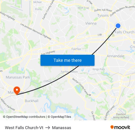 West Falls Church-Vt to Manassas map