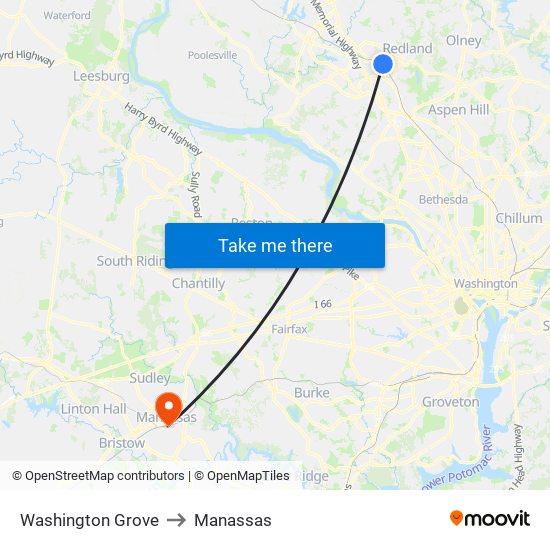 Washington Grove to Manassas map