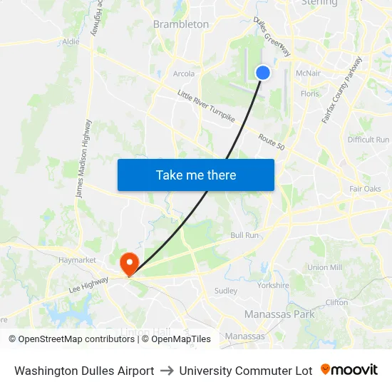 Washington Dulles Airport to University Commuter Lot map