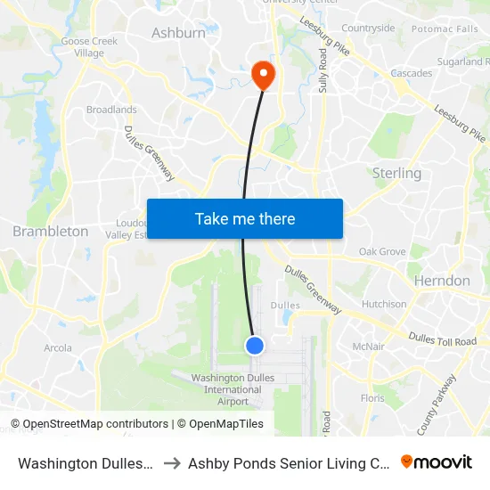 Washington Dulles Airport to Ashby Ponds Senior Living Community map