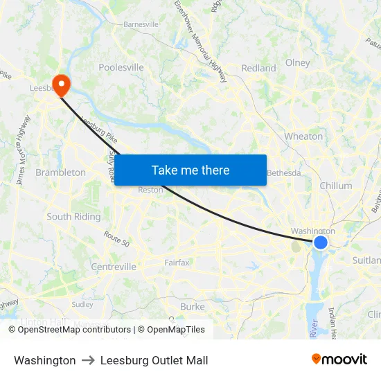 Washington to Leesburg Outlet Mall map