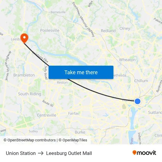 Union Station to Leesburg Outlet Mall map
