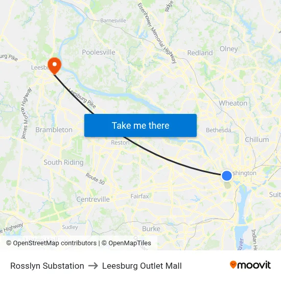 Rosslyn Substation to Leesburg Outlet Mall map