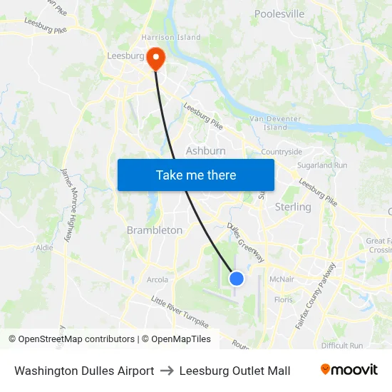 Washington Dulles Airport to Leesburg Outlet Mall map