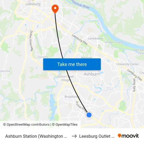 Ashburn Station (Washington Metro) to Leesburg Outlet Mall map