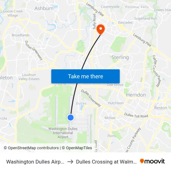 Washington Dulles Airport to Dulles Crossing at Walmart map