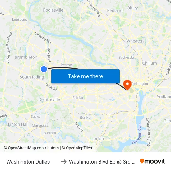Washington Dulles Airport to Washington Blvd Eb @ 3rd St N Ns map
