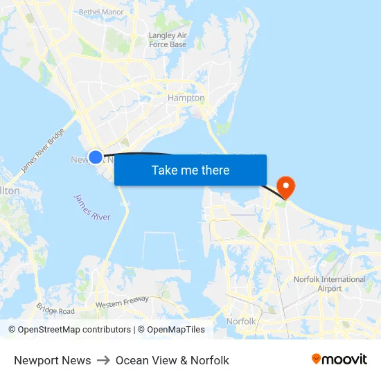 Newport News to Ocean View & Norfolk map