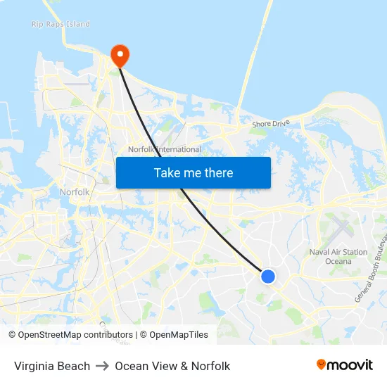 Virginia Beach to Ocean View & Norfolk map