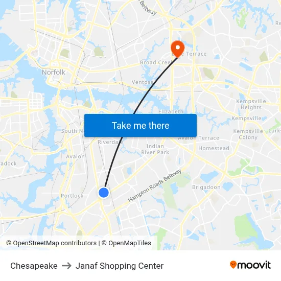 Chesapeake to Janaf Shopping Center map