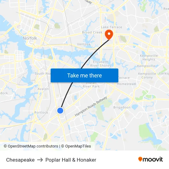 Chesapeake to Poplar Hall & Honaker map