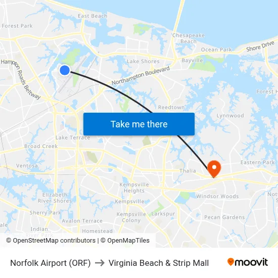 Norfolk Airport (ORF) to Virginia Beach & Strip Mall map