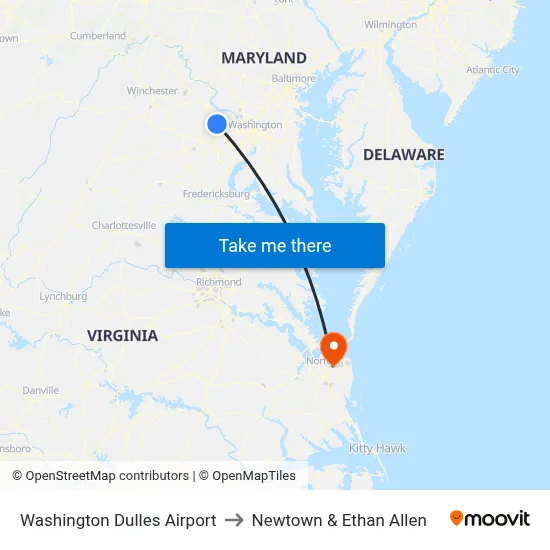 Washington Dulles Airport to Newtown & Ethan Allen map