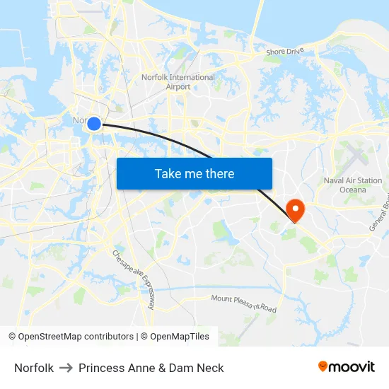 Norfolk to Princess Anne & Dam Neck map