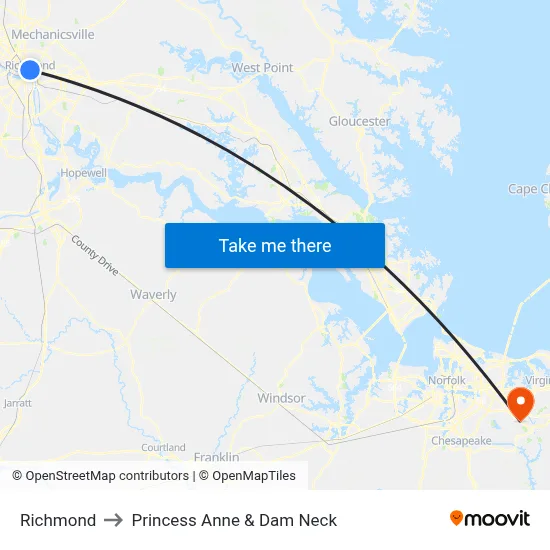 Richmond to Princess Anne & Dam Neck map