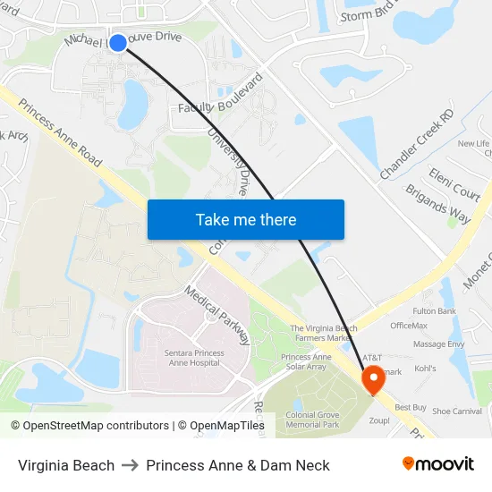 Virginia Beach to Princess Anne & Dam Neck map