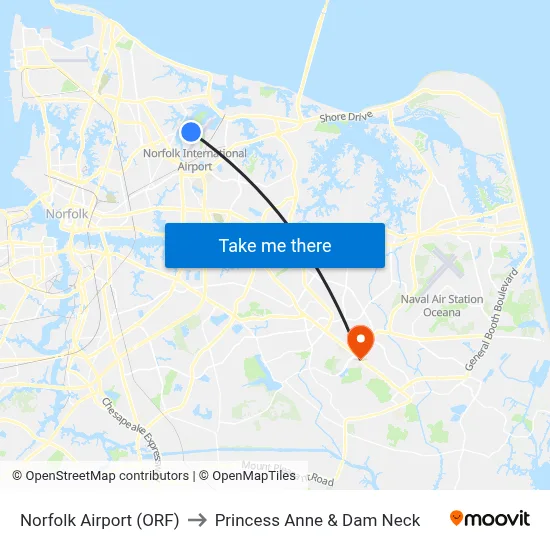 Norfolk Airport (ORF) to Princess Anne & Dam Neck map