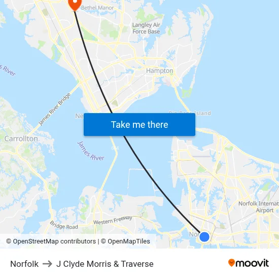Norfolk to J Clyde Morris & Traverse map