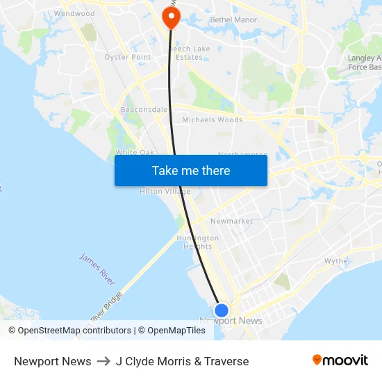 Newport News to J Clyde Morris & Traverse map