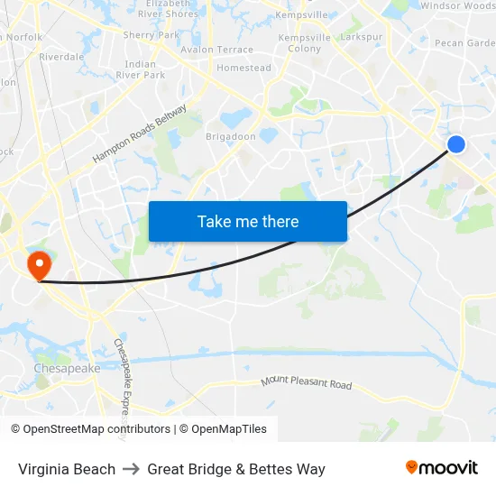 Virginia Beach to Great Bridge & Bettes Way map