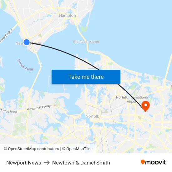 Newport News to Newtown & Daniel Smith map