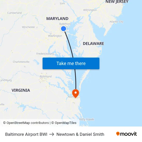 Baltimore Airport BWI to Newtown & Daniel Smith map