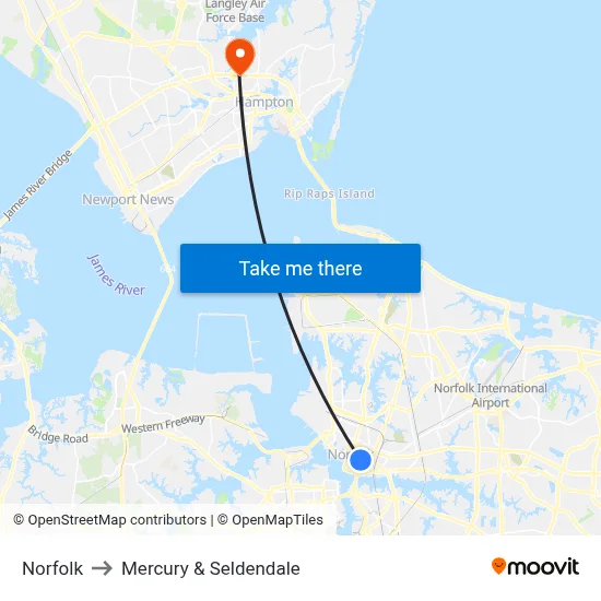 Norfolk to Mercury & Seldendale map