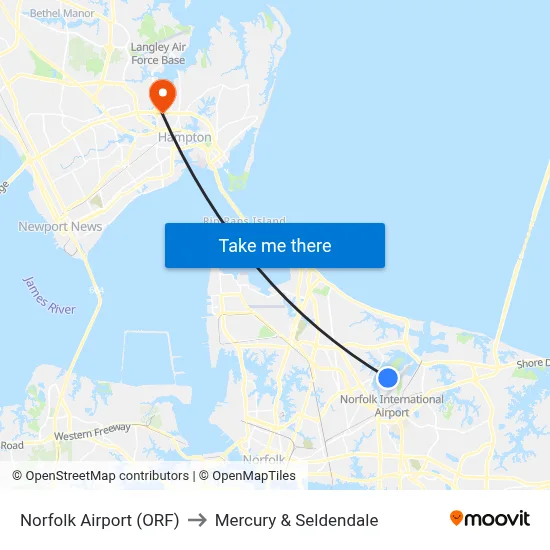 Norfolk Airport (ORF) to Mercury & Seldendale map