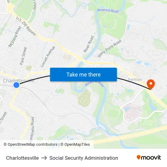 Charlottesville to Social Security Administration map